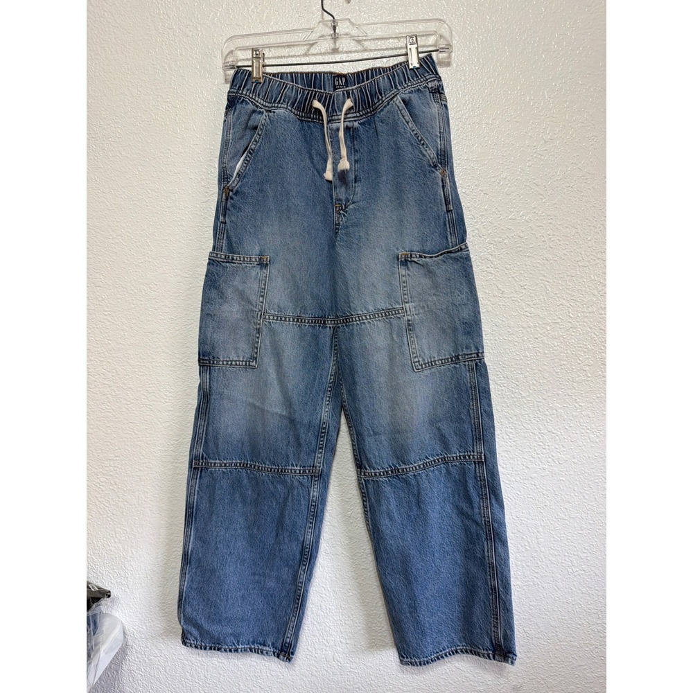 Gap Kids Baggy Cargo Jeans XXL 14-16 Medium Wash Blue Elastic Drawstring Denim
